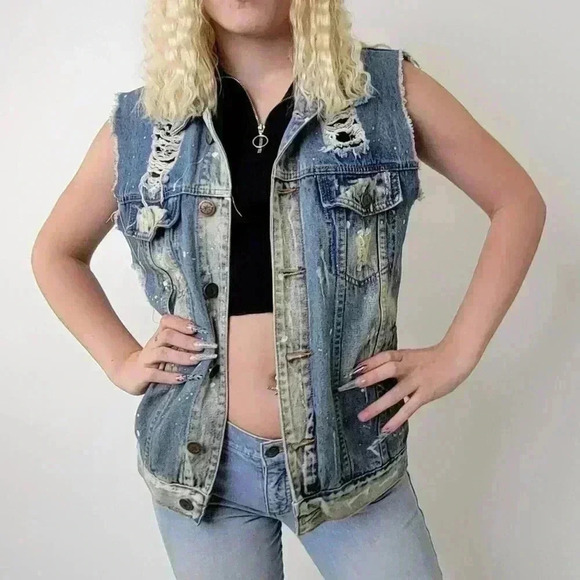 Acid Wash Distressed Denim Jean Vest by Brooklyn Cloth Co. -  S - Picture 5 of 7